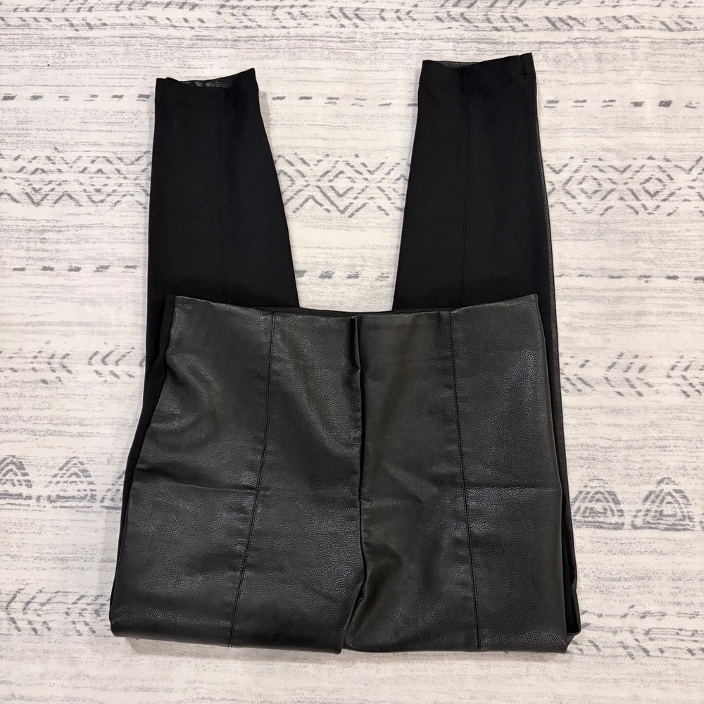 Ann Taylor LOFT Black Faux Leather Mixed Media Pants Leggings L Mobwife Glam - Picture 7 of 11